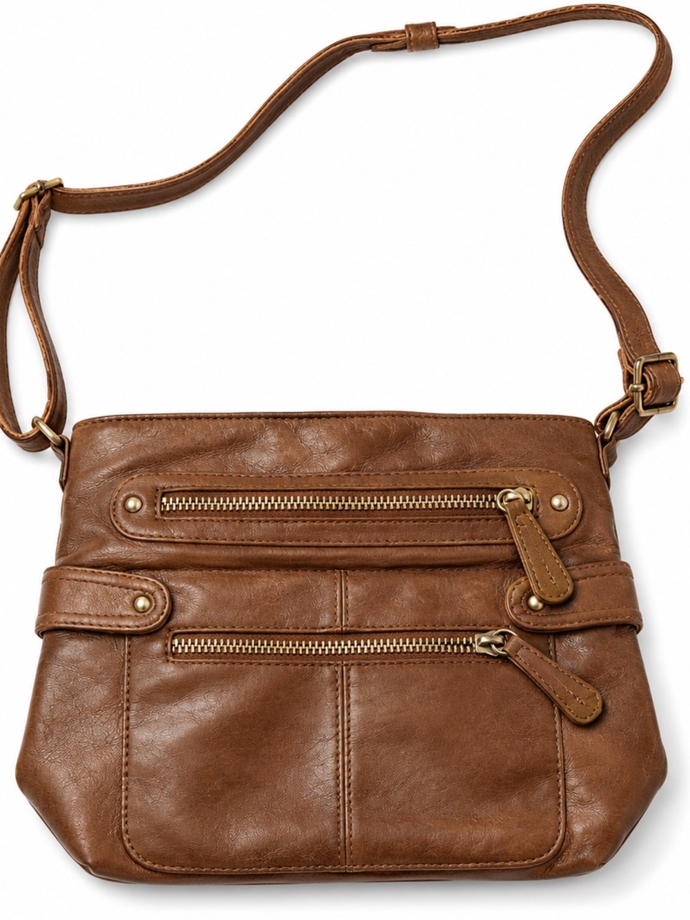 Sam & Hadley Cognac Brown Crossbody Purse – Multiple Zippers, Adjustable Strap